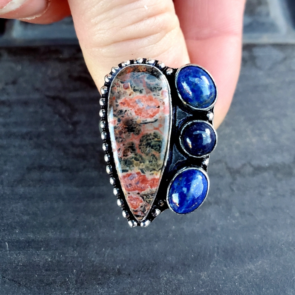 New Leopard Skin Jasper & Lapis Lazuli 925 Silver Ring. - Picture 11 of 14